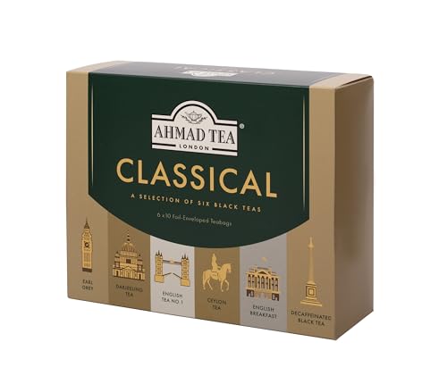 AHMAD TEA BLACK TEA, CLASSIC SELECTION PACK TEABAGS, 60 FOIL TEABAGS – CAFFEINATED, DECAFFEINATED, & SUGAR-FREE