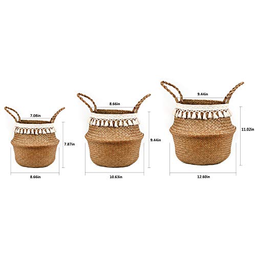 BlueMake Boho Woven Seagrass Belly Basket for Storage Plant Basket or