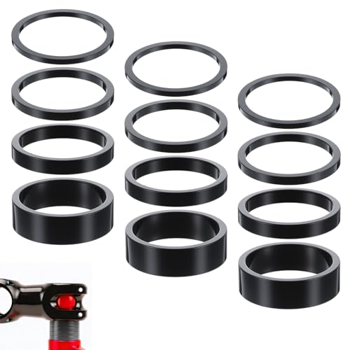HJZHII 12Pcs Bicycle Headset Spacer, 4 Sizes Aluminium Alloy Bike Stem Headset Spacers Fork Washer Bike Handlebar Stem Spacers Threadless for Mountain Bikes, Road Bikes (2mm, 3mm, 5mm, 10mm)