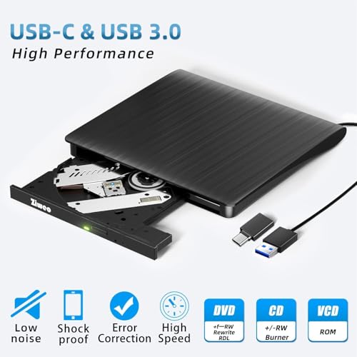 Ziweo External CD DVD Drive, Portable USB 3.0 Type-C CD Burner CD +/-RW Drive DVD Player for ROM Rewriter Burner Compatible with Laptop Desktop PC Windows MacBook Linux Mac OS