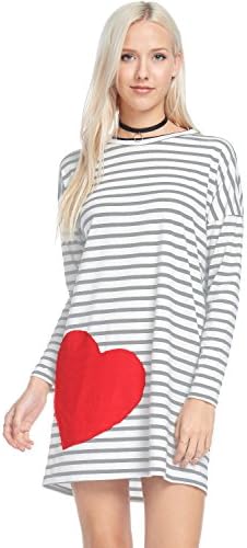 Veveret VVRT Women's Red Big Heart Patched Casual Striped Mini Dress (Medium, H.Grey)