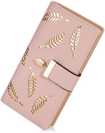 Women's Wallet Hollow Leaf Pattern Bifold Leather Lady Purse Coin Button Clutch Bag