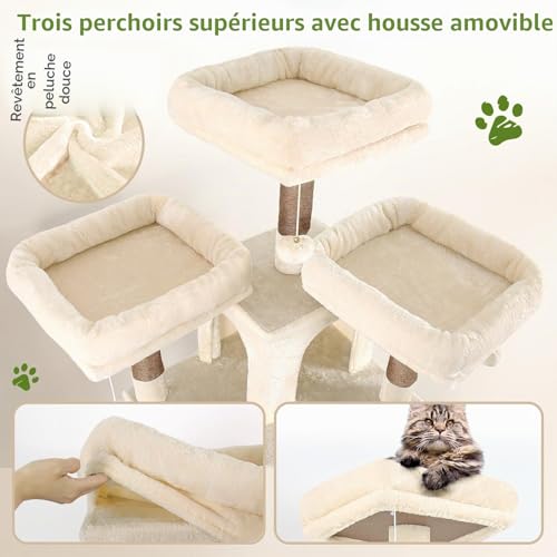 Globlazer Large Beige Cat Tree XXL Height 204 cm with 3 Padded Perches, 2 Kennels, 2 Baskets, Hammock, Stable Cat Tower for 3-5 Adult Cats Rest Play Scratching (F80, Beige)