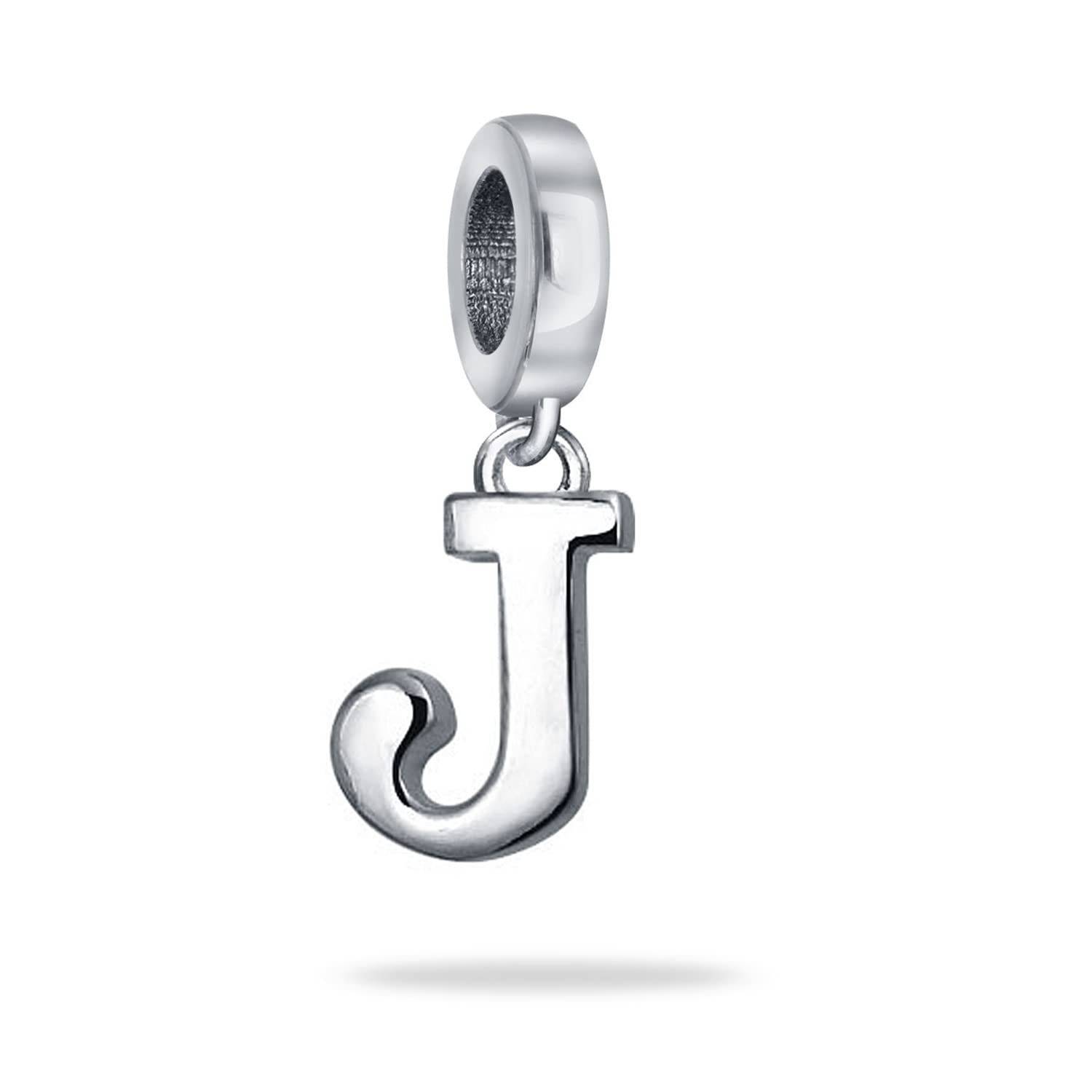 Bling Jewelry Personalized Gift Block Letter J Alphabet Initial Dangle Charm Bead For Women For Teen .925 Sterling Silver For European Bracelet