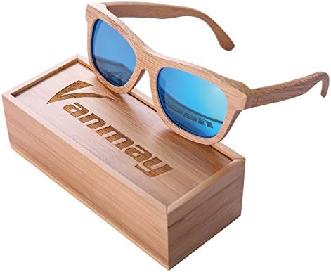 Vanmay Handcrafted Polarized Bamboo Sunglasses with Natural Color Frame (Blue, 53)