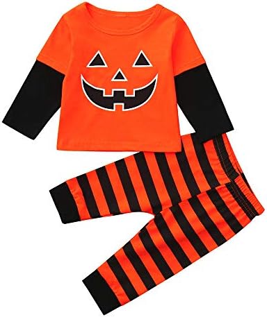Baby Outfits Cartoon T-Shirt Tops + Striped Print Pants Girls Boys Halloween Daily Clothes