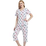 YIJIU Women's Cute Cat Print Pajama Set - Short Sleeve Top & Capri Pants, Soft Polyester, White XX-Large - View #3