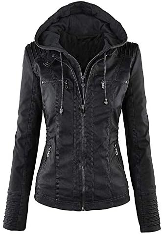 Niceast Women’s Slim Leather Jacket Long Sleeve Removable Hooded Zipper Coat Jacket for Spring Autumn Winter Warm Windproof