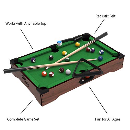 Mini Tabletop Pool Set- Billiards Game Includes Game Balls, Sticks, Chalk, Brush and Triangle-Portable and Fun for the Whole Family by Hey! Play! (Renewed)