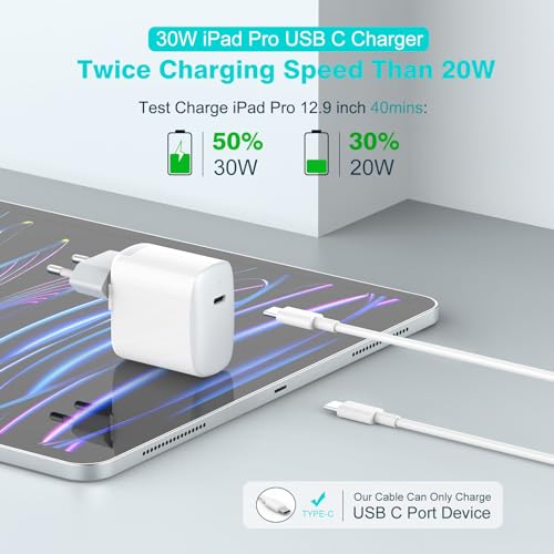 30W USB C Charger Compatible with MacBook Air 13 12, iPad Pro 13, 12.9, 11 2024 2023 2022 2021 2020 2019 M4 M2 M1, iPad Air 5 4, Mini 6, iPad 10, iPhone 15, Google Pixel 8 7, USB-C Cable 6.6FT