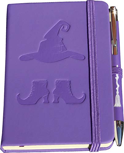 A6 purple debossed (indented) witch design pocket hardcover notebook with laser engraved broomstick on ballpoint pen and 80gsm cream lined paper, inner pocket, elastic enclosure and ribbon page marker