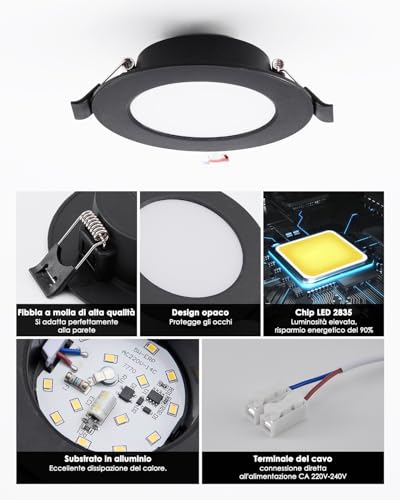 Grebeam Pack of 20 LED Recessed Spotlights for Plasterboard 5W, Ceiling Spotlights, Black, Natural White 4000K, Ultra Thin 25 mm, Recessed LED Spotlight IP44 for Bathroom Kitchen, Hole Ø75-90 mm, AC