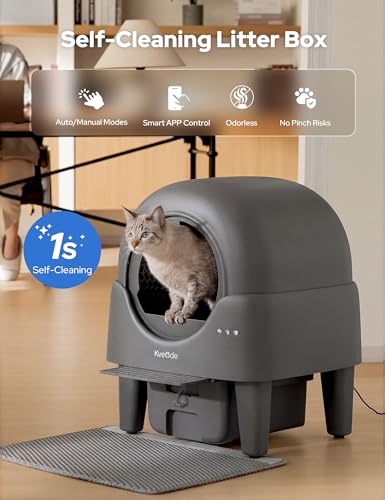 Kveode Automatic Self Cleaning Cat Litter Box, 90L Large Capacity for Cats 2.2-15 lbs, APP Control with Smart Safety Sensors, Quiet Operation, Easy Clean Detachable Globe, Grayish Black
