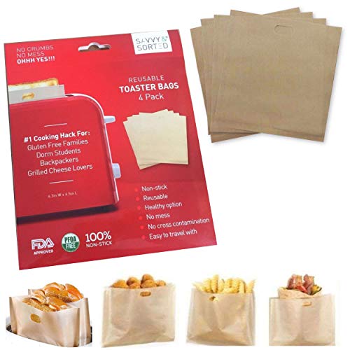 Premium Non Stick Toaster Bag (4pk) - Grilled Cheese Toaster Bags Heat Resistant, Reusable & Easy to Clean - Ultimate NO MESS Sandwich Toaster - Ideal for Gluten Free Celiac Travel Dorm Office