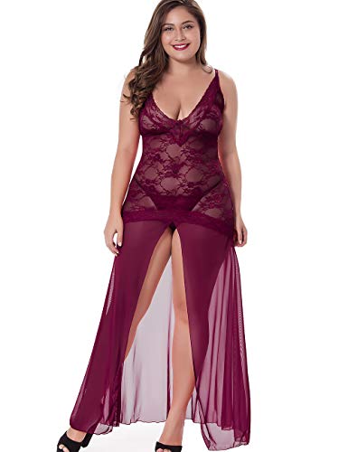 LINGERLOVE-Sexy-Dessous-Lang-Negligee-Groe-Gren-Spitze-Kleid-fr-Damen-Transparent-Nachtwsche-Langes-Dessouskleid-mit-G-String