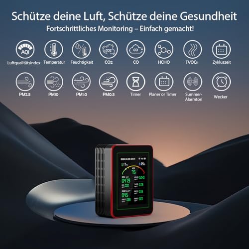 Professional 15-in-1 Air Quality Meter with App - CO₂ Meter/CO₂ Sensor, PM2.5/PM10 Fine Dust Meter, VOC Meter, Air Quality Monitor with Dual Chip & Real-time AQI Alerts