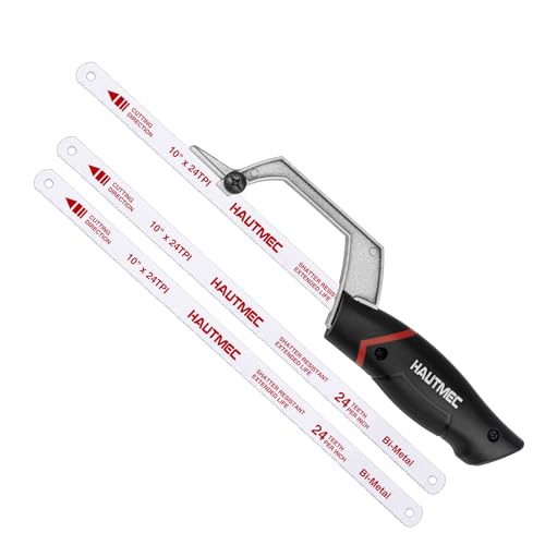 HAUTMEC Junior Hacksaw, Mini Hack Metal Saw, Compact Handsaw with 3 Pcs Bi-Metal HSS Blades, Tool-Free Replace Blade & Cutting Guide Design, Especially Cuts in Tight Hard-Reach Spaces, HT0426