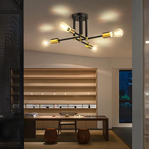 Kuwork Semi Flush Mount Ceiling Light Fixture, Black & Gold Industrial 4 Lights Sputnik Chandelier with E26 Base, Mid Century Lamps for Kitchen Bedroom Living Room Dining Room Hallway Entryway