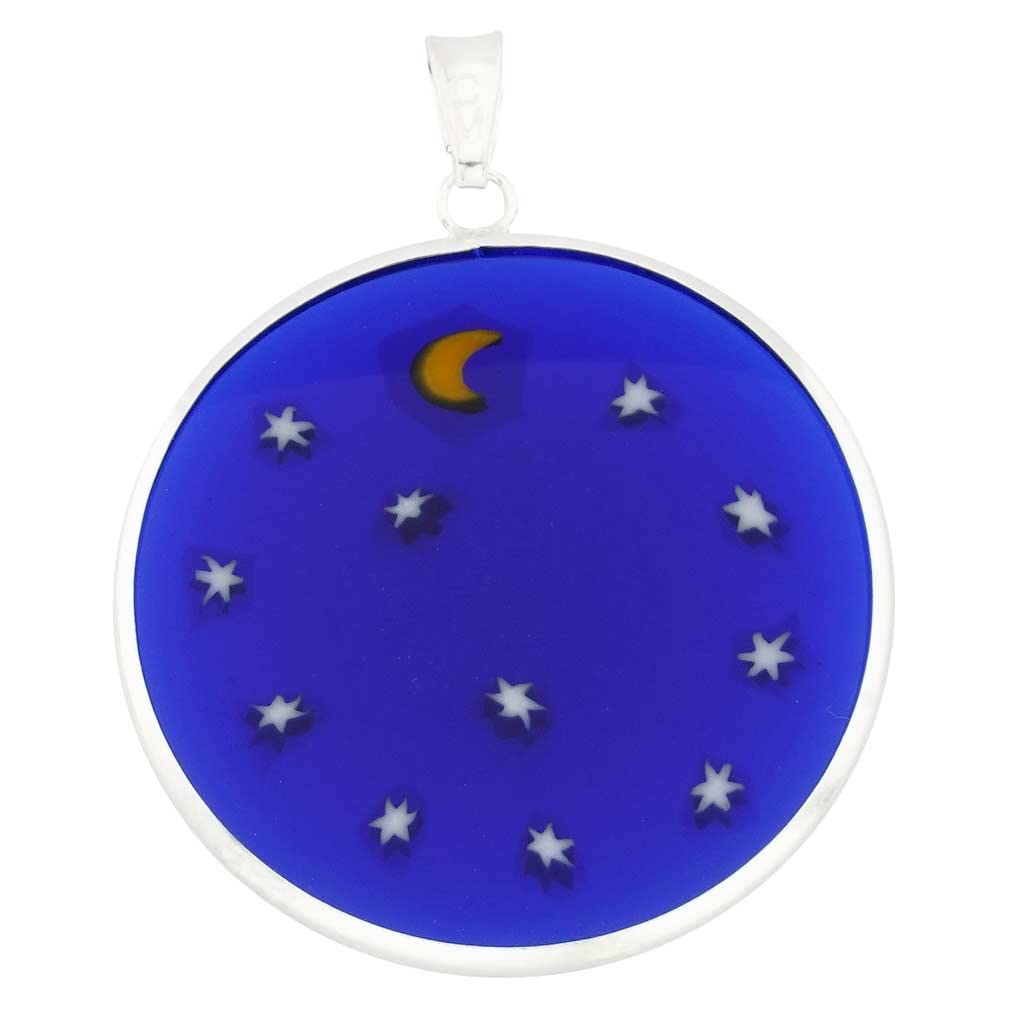 Glass Of Venice Murano Glass Millefiori Pendant Starry Night in Silver Frame 1-1/4"