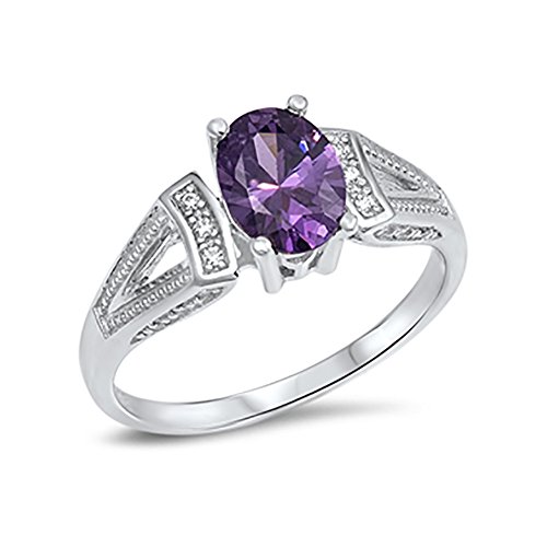 Wedding Engagement Ring Oval Simulated Purple Amethyst Round CZ 925 Sterling Silver Split Shank