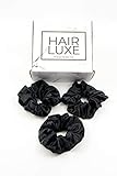 100% Premium Mulberry Silk Hair Luxe Scrunchies (Pack of 3 Black Hair Ties Per Box)