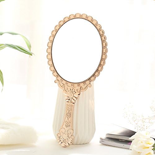XIAOYAO Beauty Mirror Makeup Mirror Magnification Vanity Cosmetic Mirrors Shaving Mirror Hand Make-Up Mirror Beauty Handle Mirror Portable Retro Carved Mirror 11.5×25Cm,Rose Gold