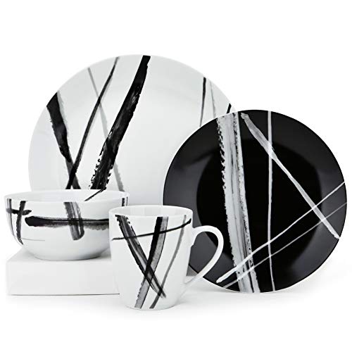 ZYAN 16 Piece Round Dinnerware Sets, Black and White Metro Stoneware