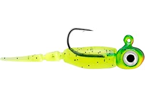 Northland Tackle Rigged Tungsten Pin Fry Ice Fishing Jig with Minnow Fry Body, 2 Pre-Rigged Jig Heads & 3 Extra Ice Fishing Plastics, Tungsten Jig Heads for Panfish, 1/28 & 1/16 Oz, 5 Colors