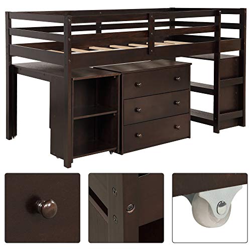 Merax Low Study Twin Loft Bed with Drawers/Rolling