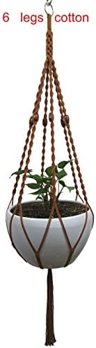6 Legs Macrame Natural Brown Cotton Plant Hanger & Holder and Metal Ring, 51-inches Length (Without The White Pot and Plant) (Brown)