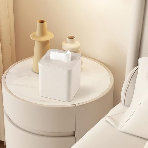 TERRIFI Tissue Box Cover Square, PU Leather Facial Tissue Box Holder - Magnetic Bottom, Rounded Edges, for Dresser Bathroom Decor and Home Decor(Beige)