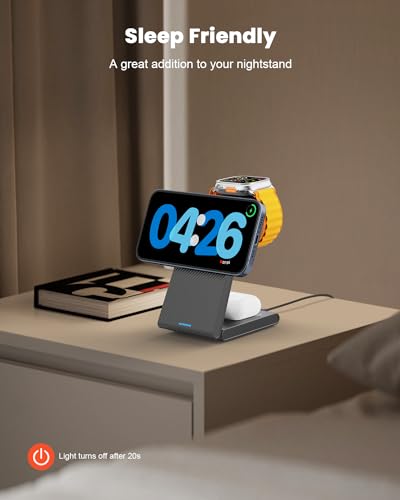 3 in 1 Wireless Charging Station, Foldable Magnetic Charger Stand for Multiple Devices, Wireless Charger for iPhone 17/16/15/14/13/12, Apple Watch 9/8/7/6/SE/5/4/3/2, AirPods 4/3/2/Pro