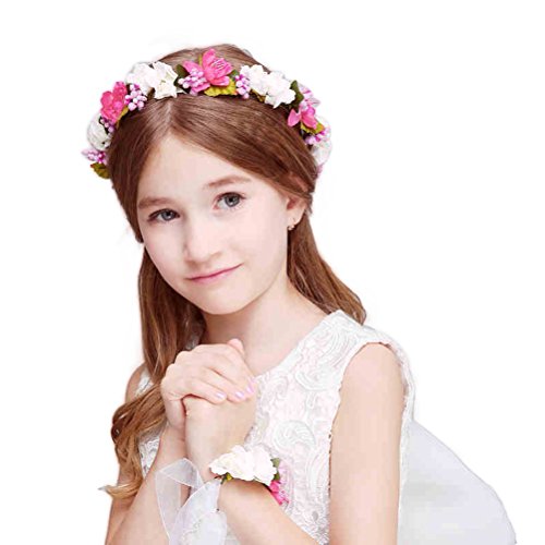 DDazzling Girls Flower Berries Crown Headband Floral Crown with Floral Wrist Band for Wedding Festivals (White and Rose)