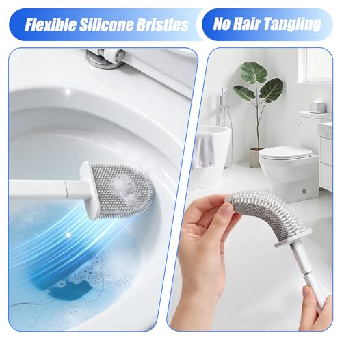 Toilet Brush, 2 Pack Bathroom Silicone Toilet Brushes and Holder Sets with No-Slip Long Plastic Handle and Soft Flexible Bristles, Toilet Brushes with holders and Base for Anti-drip (White)