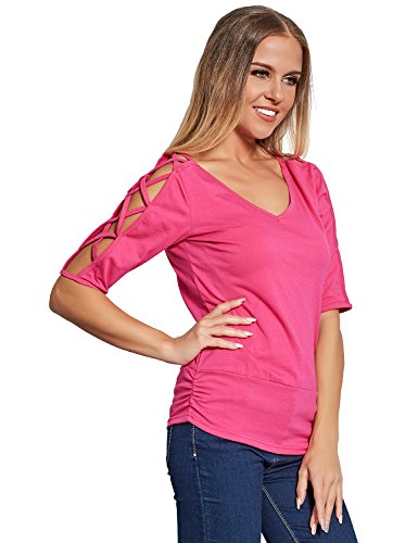 Women\'s Criss Cross Cut Out 3/4 Sleeve Vneck Solid Color T Shirt Tops Blouse Tunic