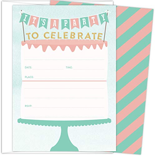 Koko Paper Co Birthday Cake Invitations. Set of 25 Fill-In Style Cards and White Envelopes. Design with Two-tiered Birthday Cake with Banner and Cake Toppers. - Thumbnail 7