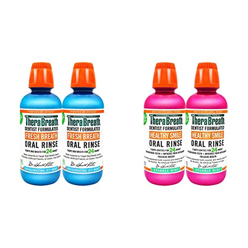 TheraBreath Fresh Breath Oral Rinse, ICY Mint, 16 Ounce Bottle (Pack of 2) and 24 Hour Healthy