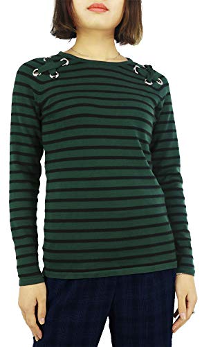 BENANCY Women's Crewneck Striped Long Sleeve Soft Pullover Knit Sweater Tops 30015 Green/Black XS