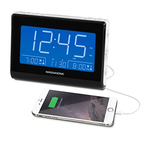 Magnasonic Alarm Clock Radio with USB Charging for Smartphones & Tablets, Auto Dimming, Dual Gradual Wake Alarm, Battery Backup, Auto Time Set, Large 4.8" LED Display, AM/FM (CR63W) - Thumbnail 7
