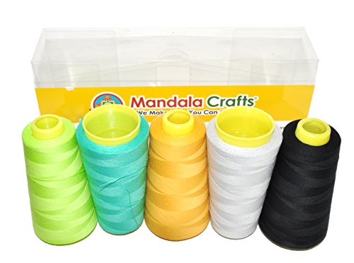 Mandala Crafts 50/3 Cotton Thread Spool Full Size Bulk Bobbin Cone Set for Machine Hand Quilting Sewing (5 Rolls 6000 Yards, Black Lime Green Gold Turquoise Silver Combo 7)