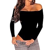 SUBWELL Women's Sexy Off Shoulder Long Sleeve Bodycon Bodysuit Leotard Jumpsuit Tops,Black,Medium