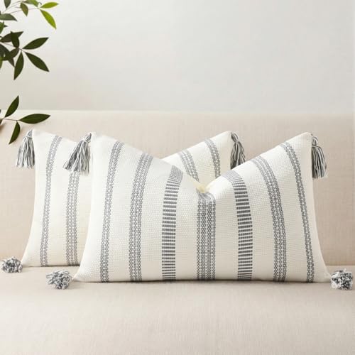 Smile Bee Boho Outdoor Couch Throw Pillow Covers Set of 2, Decorative Lumbar Thick Woven Striped Accent Neutral Pillow Covers with Tassels for Bed Sofa Home Decor, 12x20 Inch, Grey and Cream White