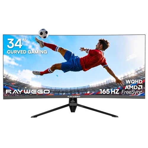 Raywego 34 Inch Curved Gaming Monitor, 165Hz 1500R WQHD(3440 x 1440), 1ms MPRT, FreeSync, PIP/PBP, 127% sRGB, HDR, HDMI2.0 & DP1.4 VESA, Tilt Adjustable, Pro Gaming (DP Cable Included)