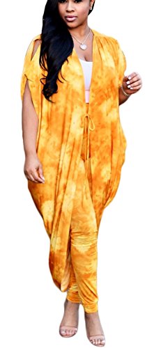 Womens 2 Piece Outfit Tie Dye Ombre Cardigan Outerwear and Pants Set yellow Medium