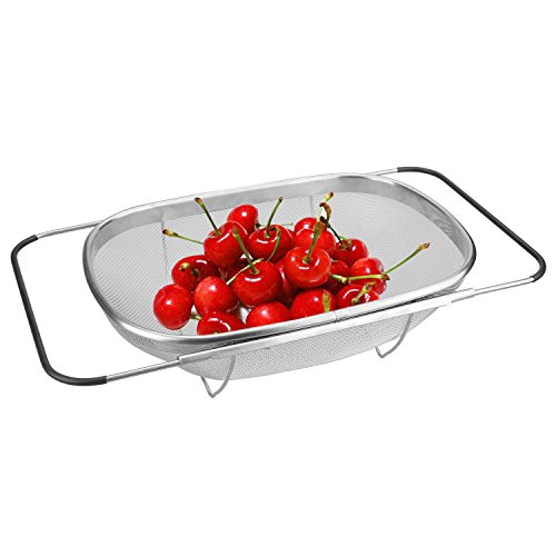 Premium Quality Over the Sink Micro Perforated Colander,Samshow Stainless-Steel Sink Straine with Fine Mesh 6 Quart Strainer Basket & Expandable Rubber Grip Handles for Strain, Drain, Rinse Fruits, - Thumbnail 6