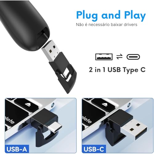 Passador de Slides Sem Fio Laser Vermelho Receptor USB A e USB C Embutido Apresentador de Slides 30m Mac Windows iPad Canva PowerPoint PDF Pilhas Inclusas