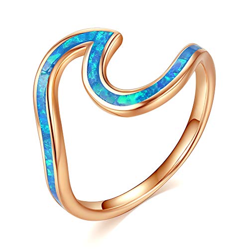 Blue Ocean Wave Band Ring Sterling Silver 925 Rose Gold Plated Synthetic Opal for Women Girls Size 5-10