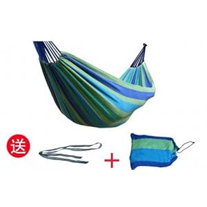 OUTDOOR EX 2人用 耐荷重 200kg 布製 ハンモック 専用ポーチ 補強帯 S字フック 付 ストライプ(ブルー)