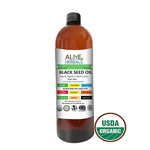 Alive Herbal Black Seed Oil - Egypt- Nigella Sativa - Virgin 100% Raw Organic Cold Pressed, Unfiltered, Vegan & Non-GMO, No Preservatives & Artificial Color- BPA Free Food Grade Plastic Bottle- 32 OZ.