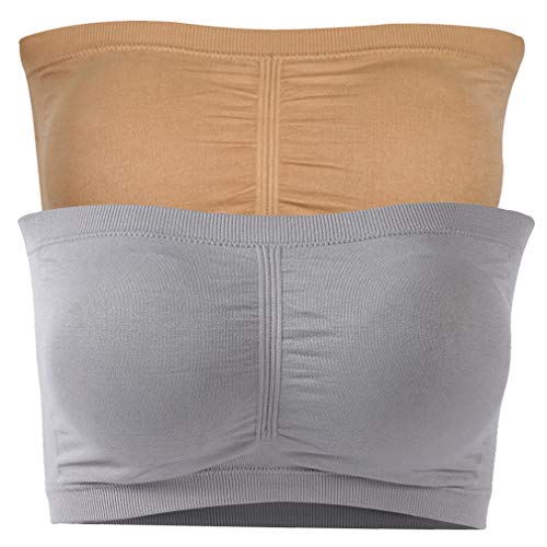 Plusfeel Padded Tube Bra for Women, Breathable Comfy Strapless Basic Sports Bra Student Tube Bra, Begie&Gray, 2 Pack, Medium